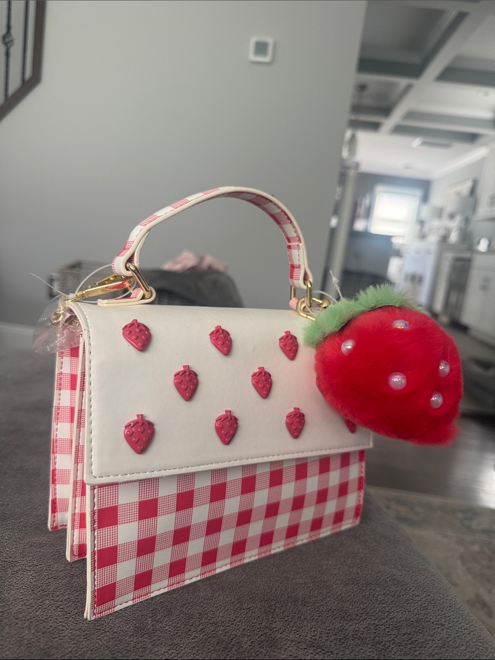 White & Red Strawberry Accent Top-Handle Women’s Bag